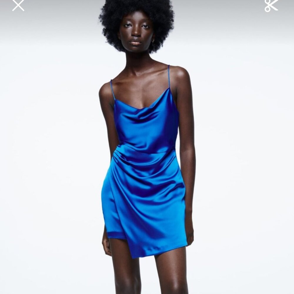 ZARA Blue Silk Party Dress Size S